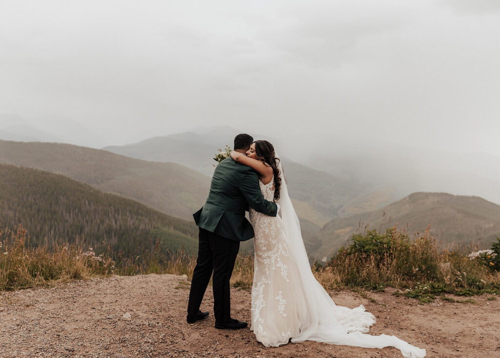 Bride and Groom's first look on their wedding day atop Vail Mountain in CO.