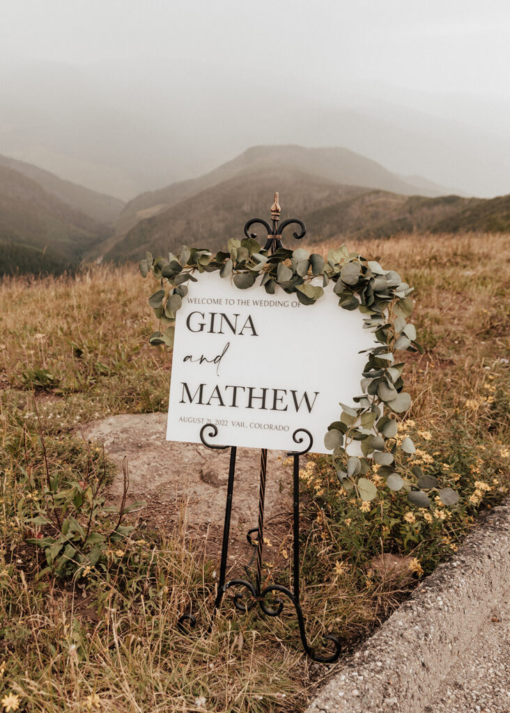 Wedding welcome sign atop Vail Mountain in Colorado.