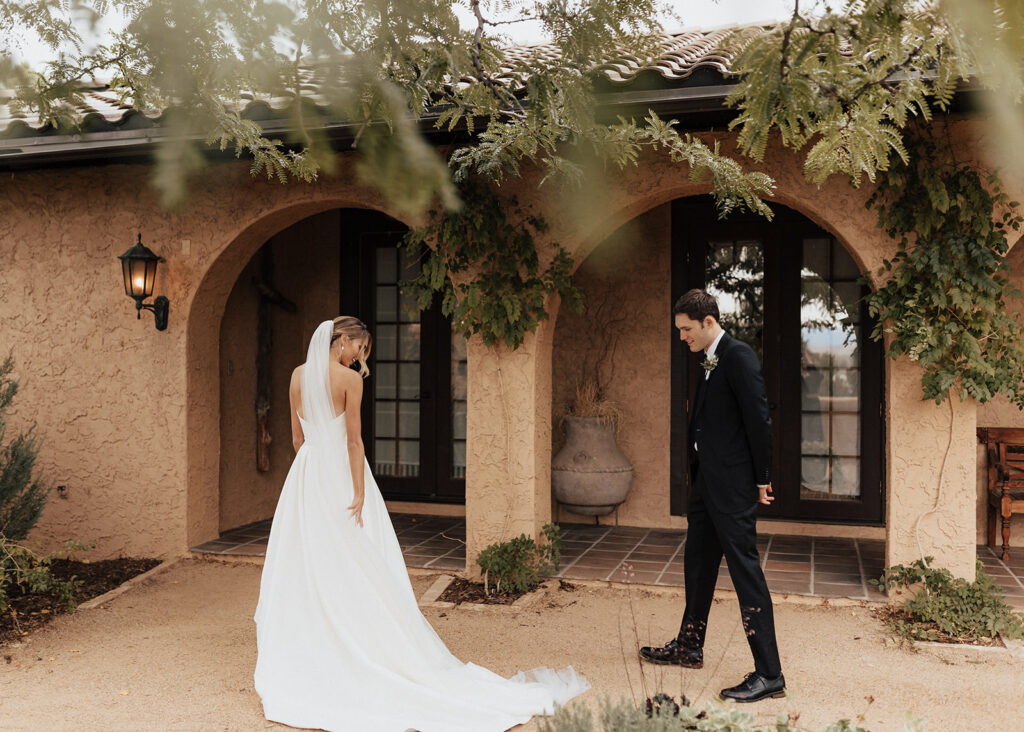 Bride and groom's first look at Villa Parker in Colorado