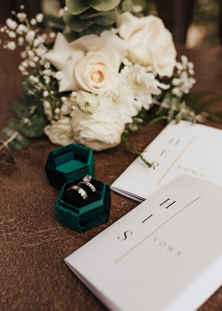 Wedding rings with bridal bouquet and vow books