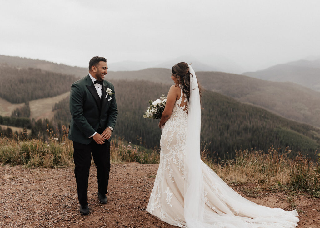 Wedding day first look at Vail Mountain 