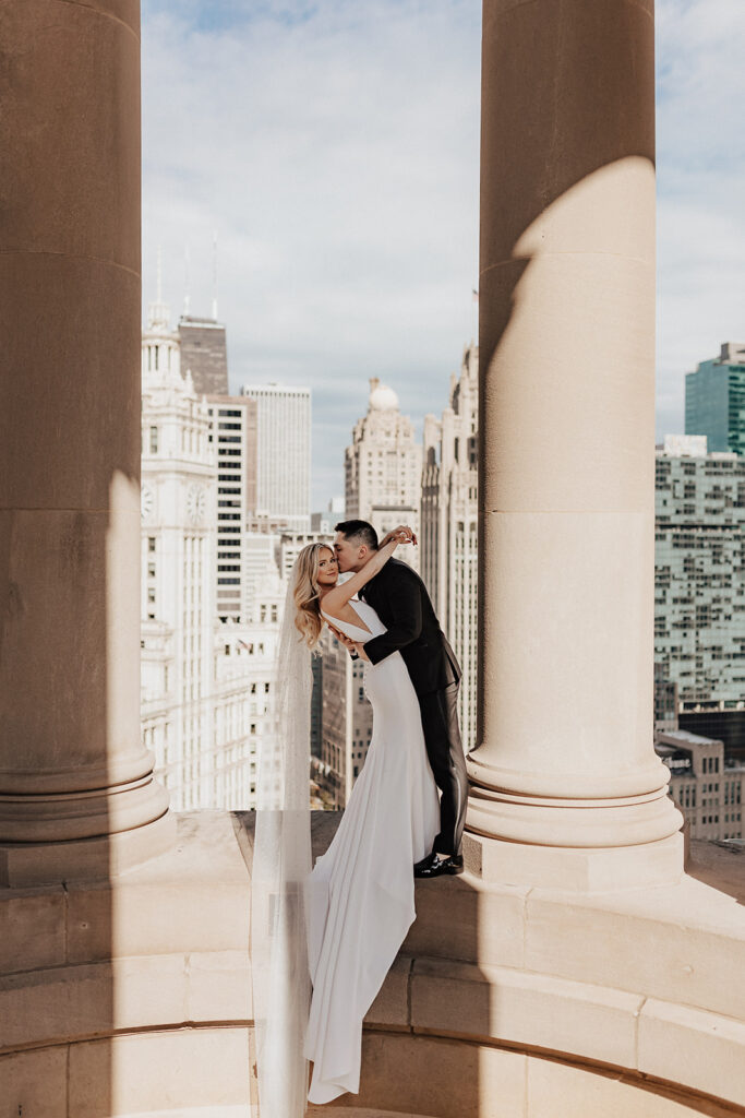 Bride and groom portrait at the LondonHouse Chicago cupola