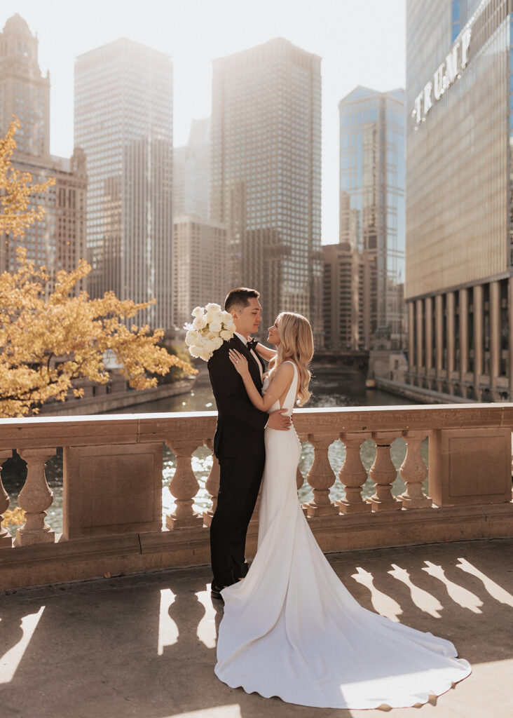 Bride and groom portrait at The Wrigley Building in Chicago, IL