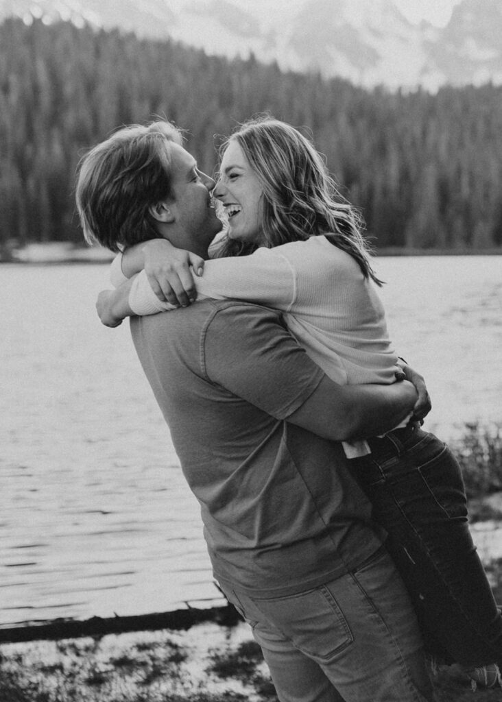 Couple laughing at Brainard Lake in Colorado