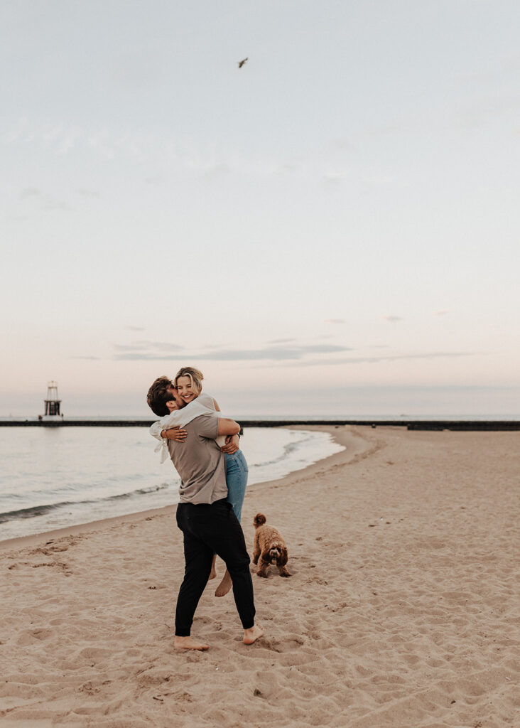 Sunset engagement photography at North Avenue Beach in Chicago