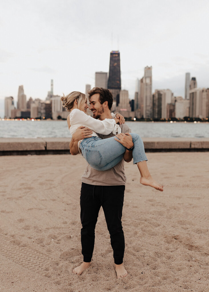 Documentary engagement photography at North Avenue Beach in Chicago