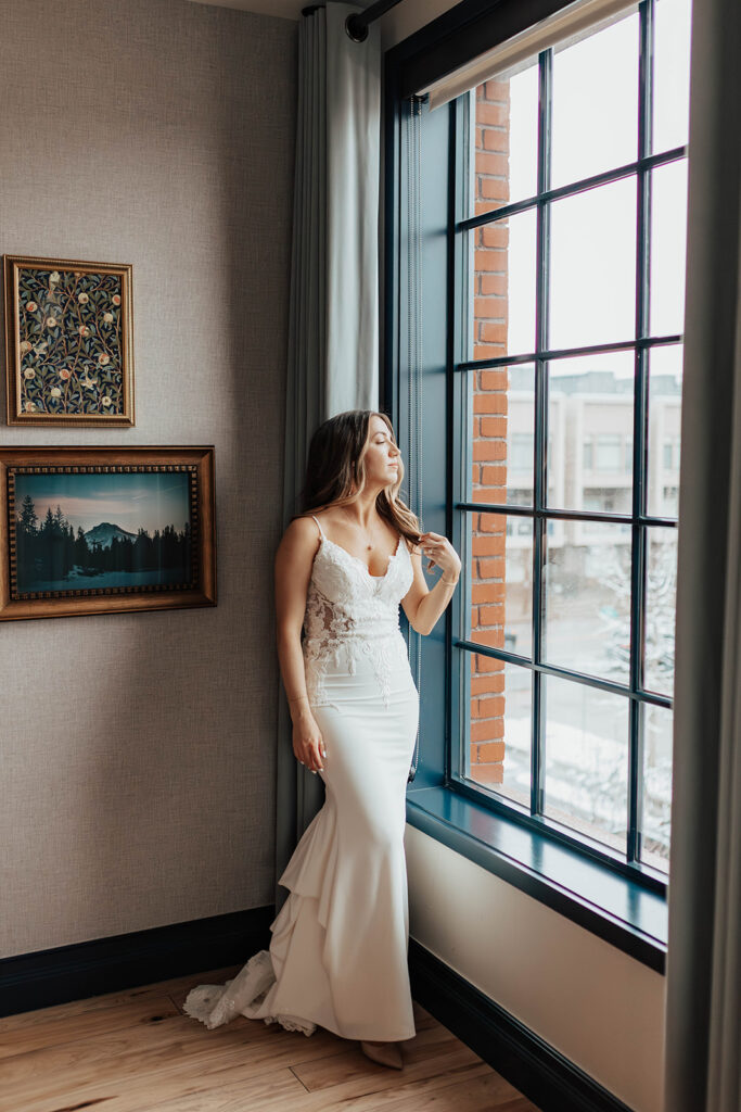 Bride portrait in hotel room in Denver, Colorado