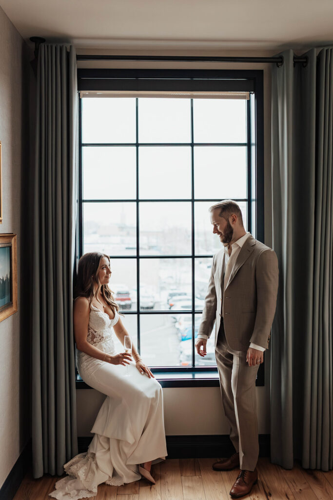 Bride and Groom portrait in hotel room in Denver, Colorado