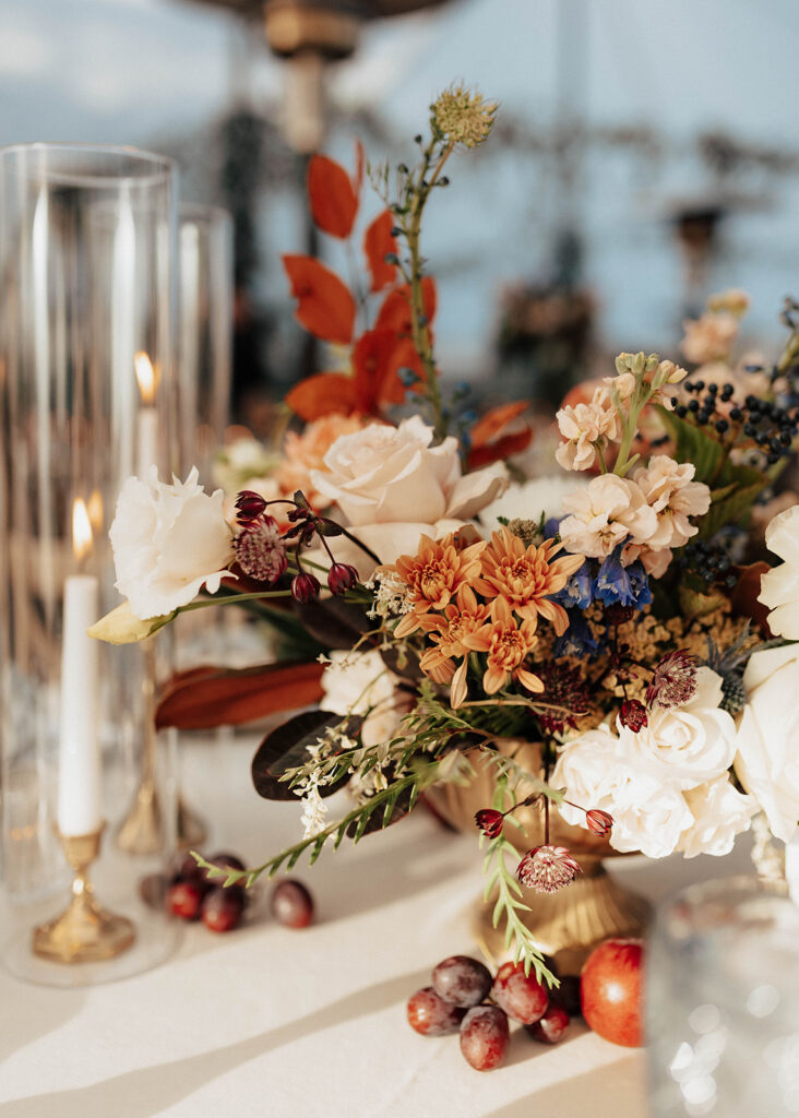 Fall floral arrangement adorning tables at Blackstone Rivers Ranch in Idaho Springs, CO.