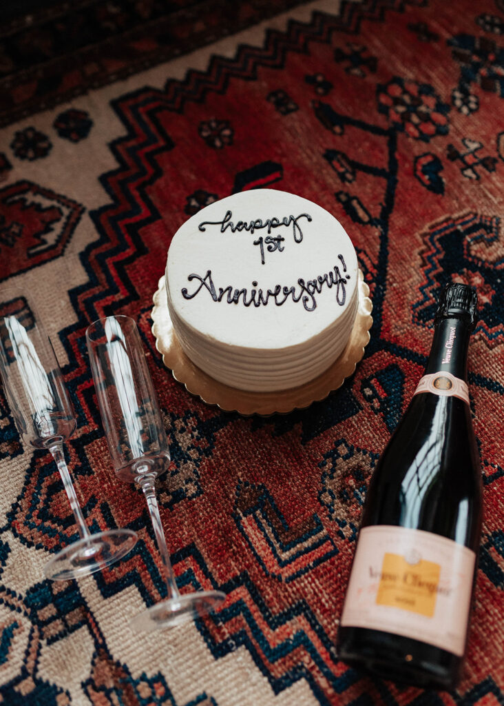 Anniversary cake and champagne glasses