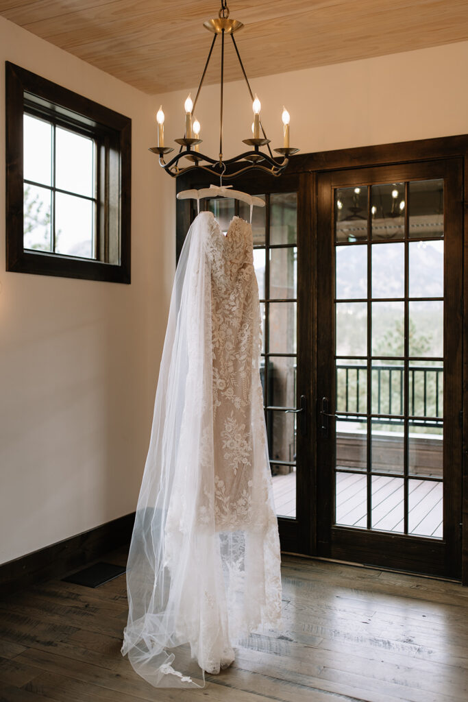 Dress hanging in bridal suite at Black Canyon Inn in Estes Park, CO