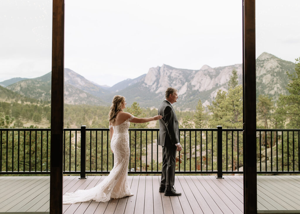 Brides first look with her Dad at Black Canyon Inn in Estes Park, CO